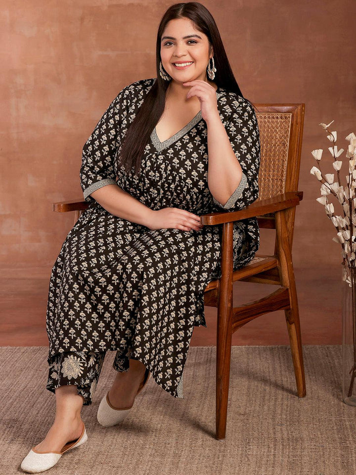 Plus Size Black Printed Cotton A-Line Kurta With Palazzos