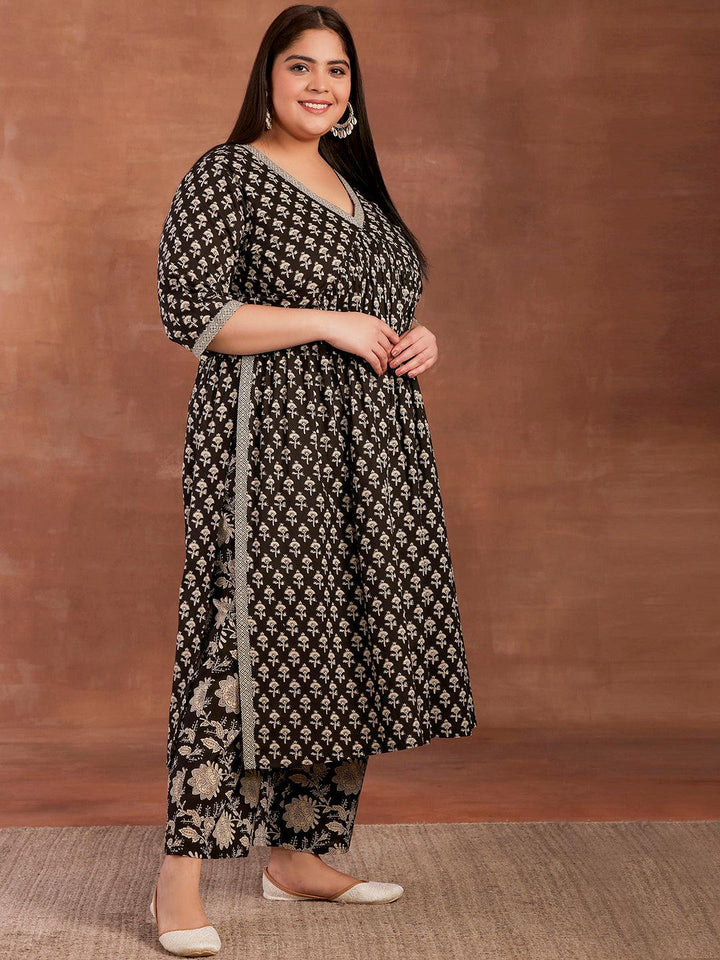 Plus Size Black Printed Cotton A-Line Kurta With Palazzos