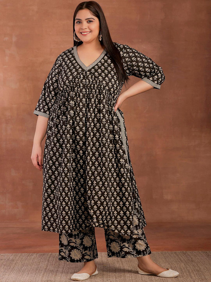 Plus Size Black Printed Cotton A-Line Kurta With Palazzos