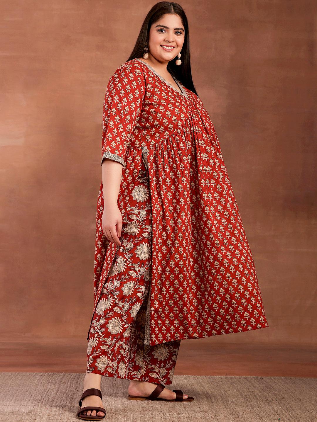 Plus Size Rust Printed Cotton A-Line Kurta With Palazzos