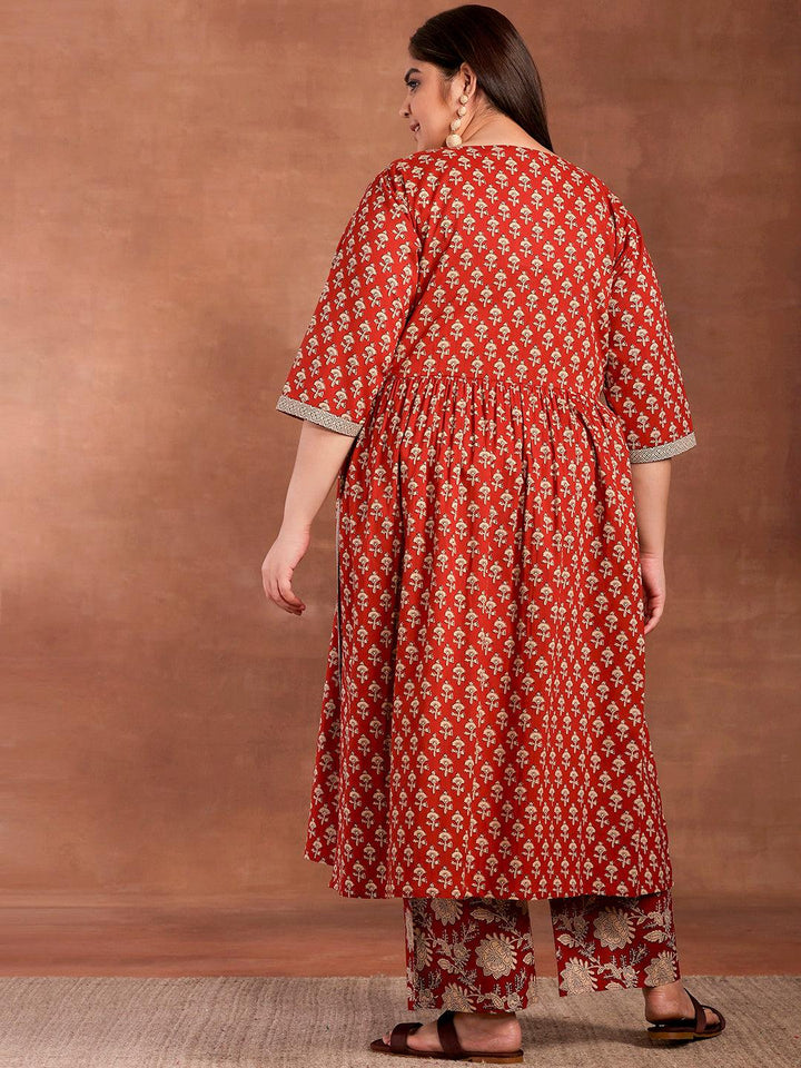Plus Size Rust Printed Cotton A-Line Kurta With Palazzos
