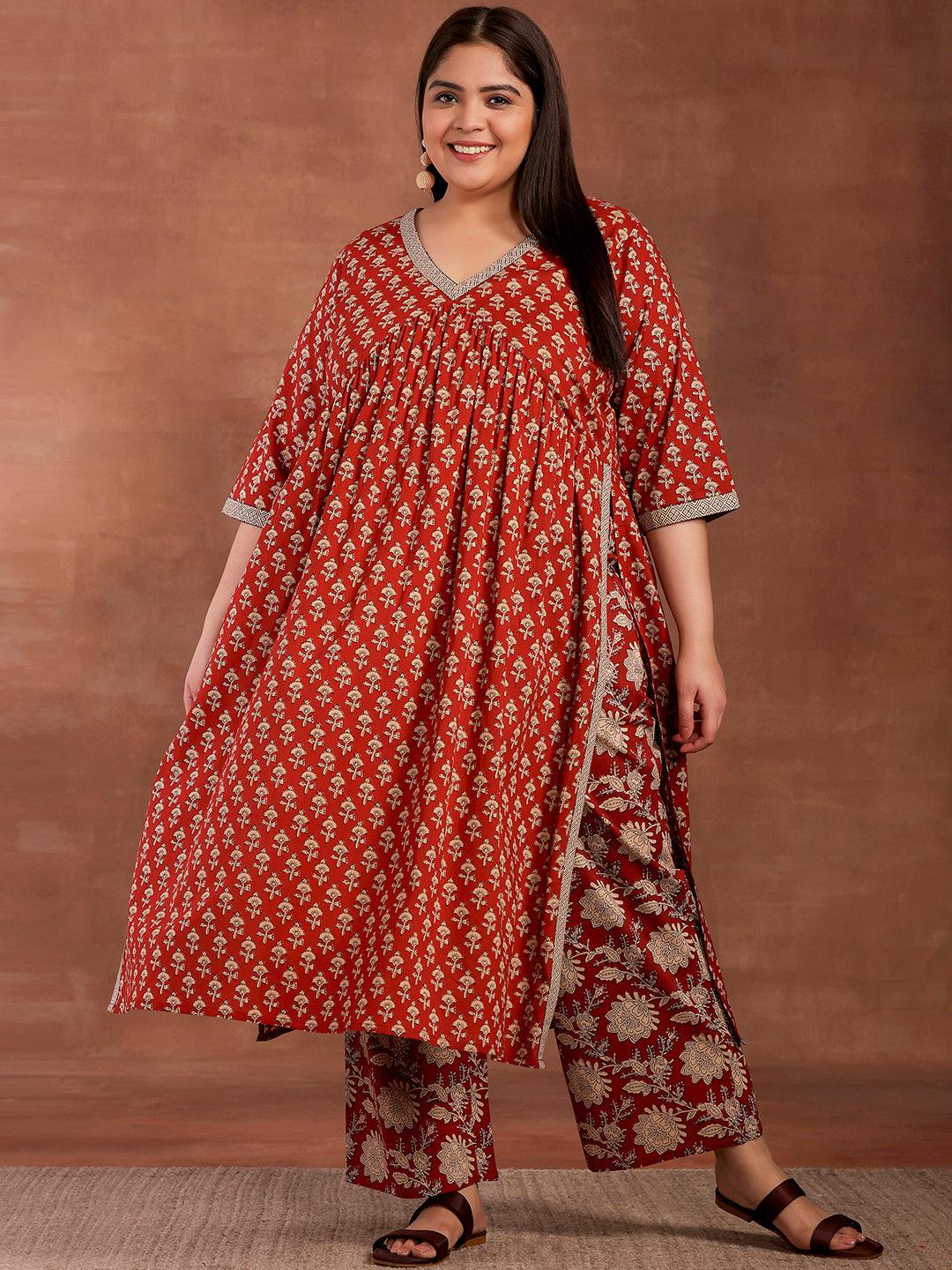Plus Size Rust Printed Cotton A-Line Kurta With Palazzos