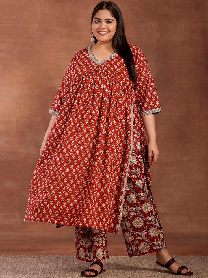 Plus Size Rust Printed Cotton A-Line Kurta With Palazzos
