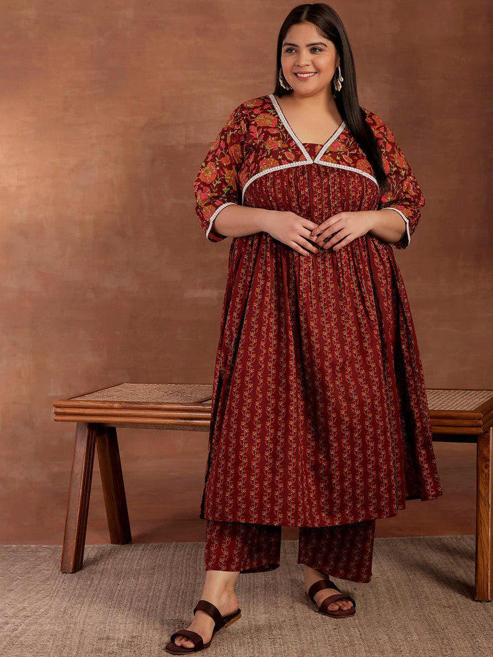 Plus Size Rust Printed Cotton A-Line Kurta With Palazzos