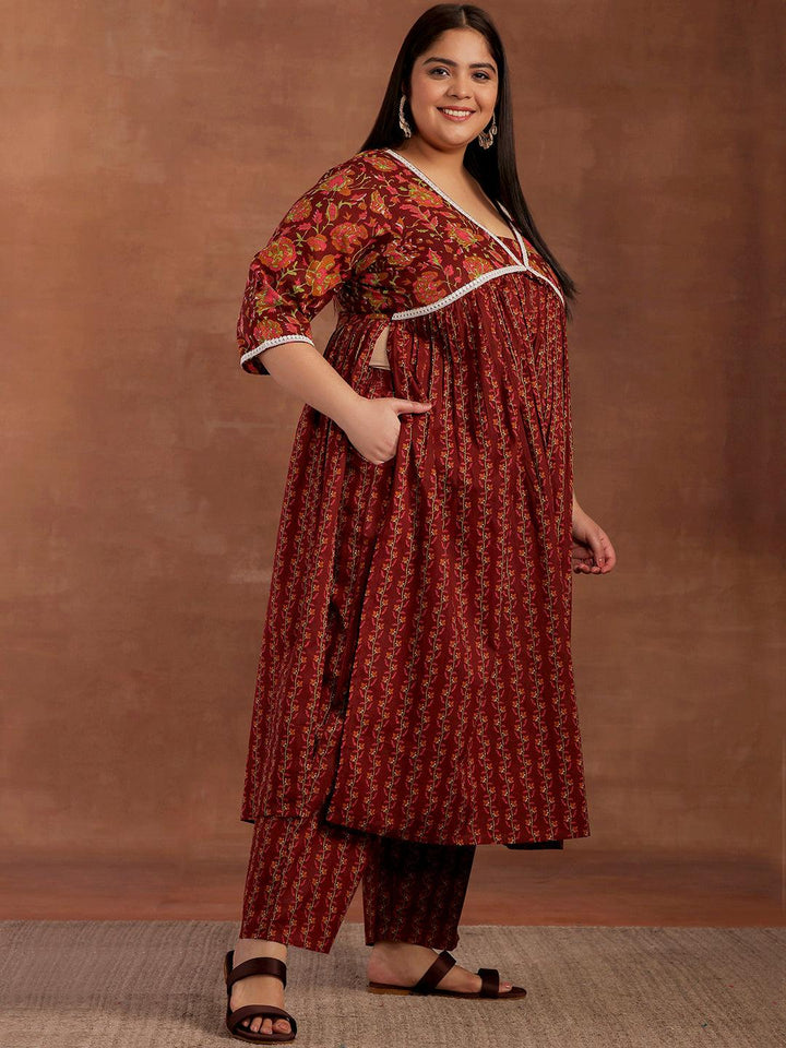 Plus Size Rust Printed Cotton A-Line Kurta With Palazzos
