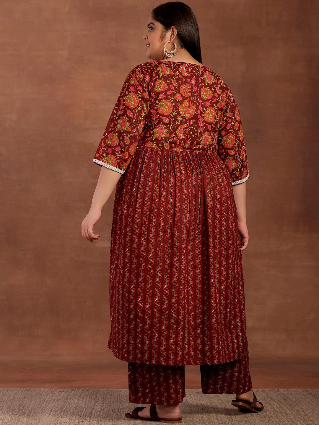Plus Size Rust Printed Cotton A-Line Kurta With Palazzos