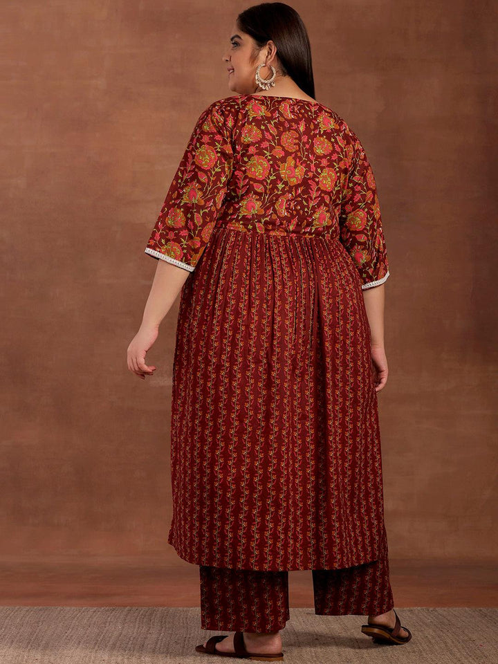 Plus Size Rust Printed Cotton A-Line Kurta With Palazzos