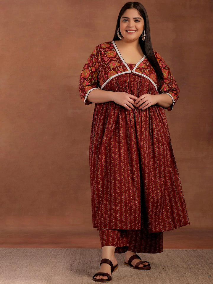 Plus Size Rust Printed Cotton A-Line Kurta With Palazzos