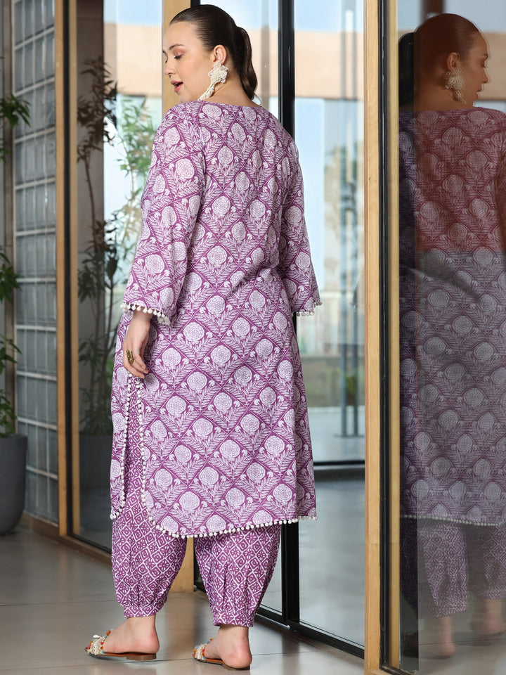 Plus Size Lavender Printed Cotton Straight Kurta Set