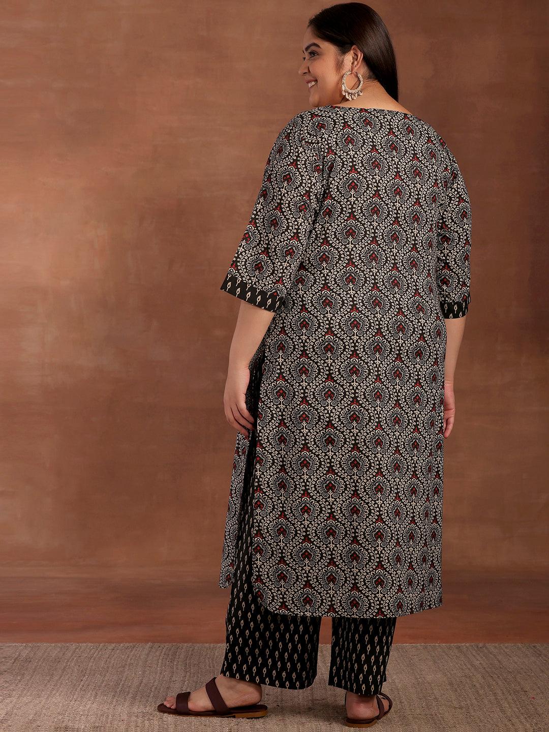 Plus Size Black Printed Cotton Straight Kurta With Palazzos