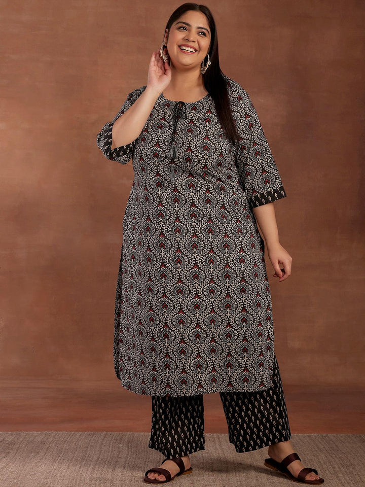 Plus Size Black Printed Cotton Straight Kurta With Palazzos