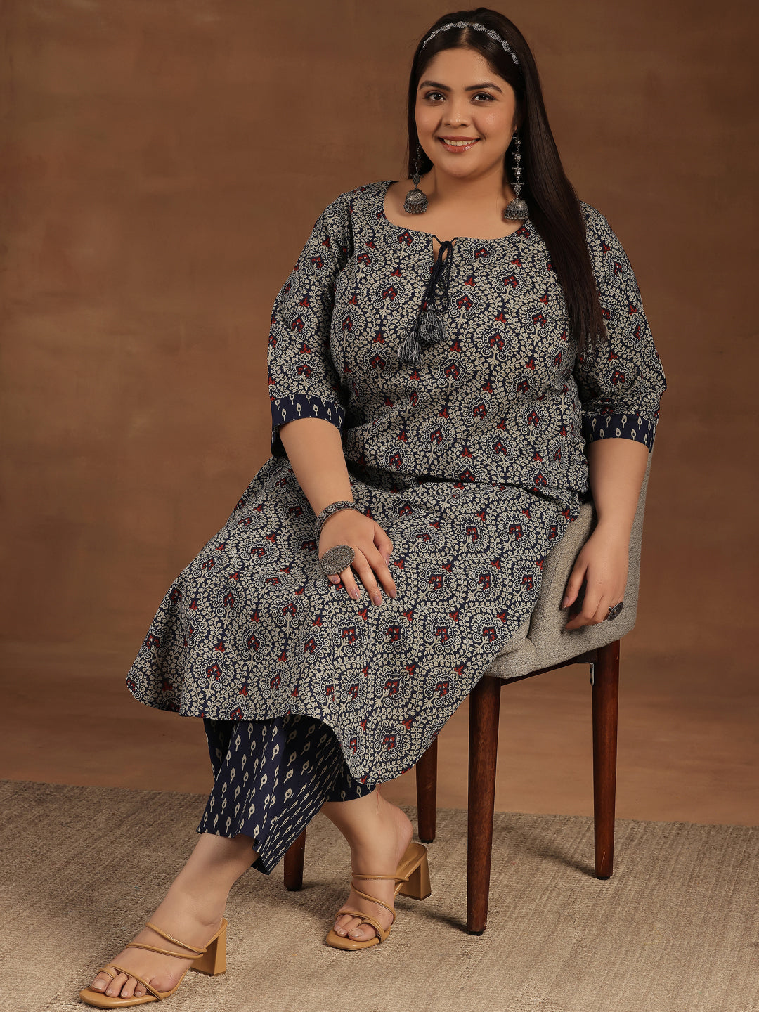 Plus Size Blue Printed Cotton Straight Kurta Set