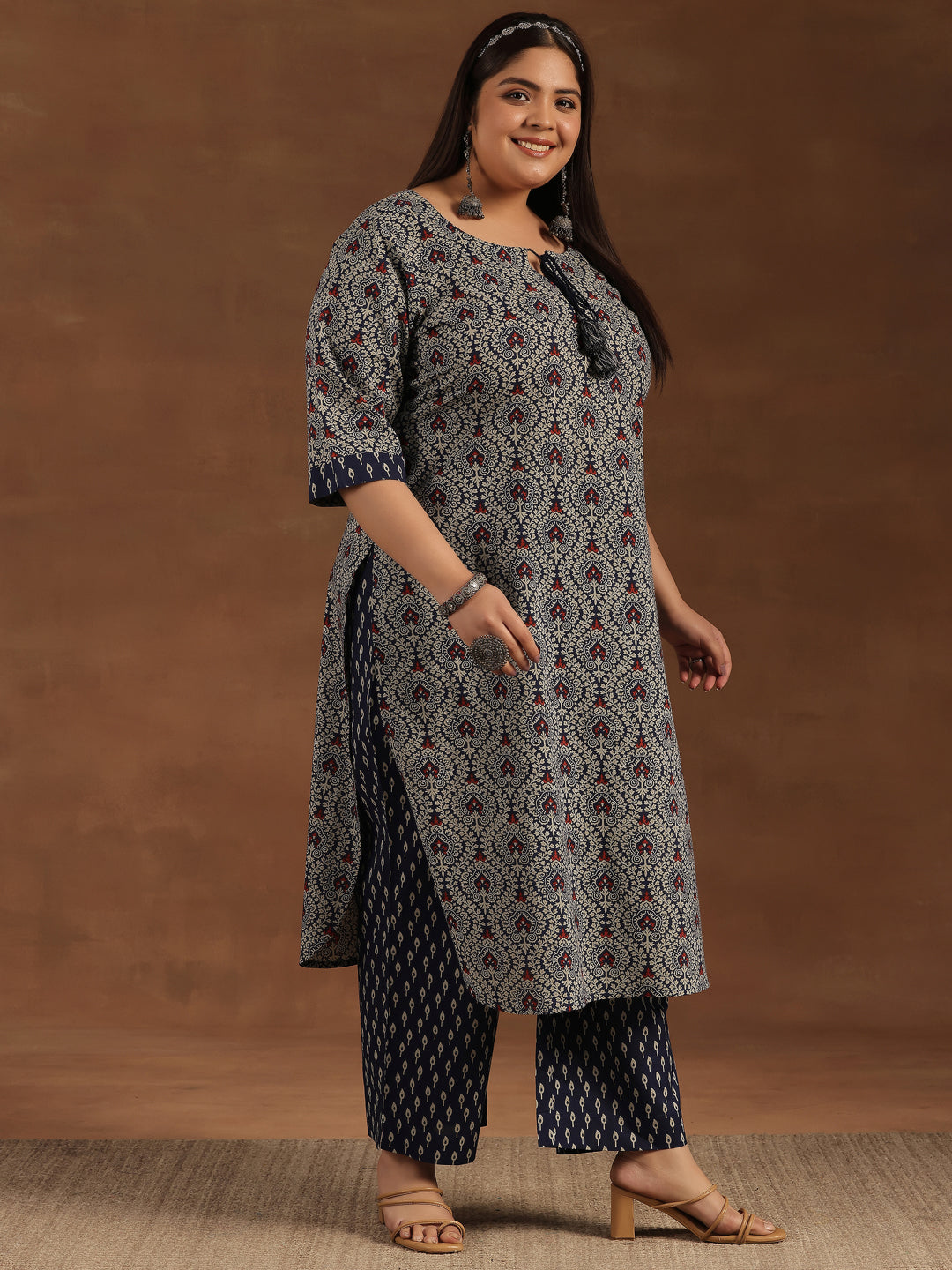 Plus Size Blue Printed Cotton Straight Kurta Set