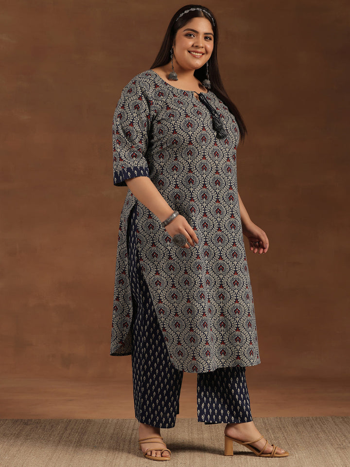 Plus Size Blue Printed Cotton Straight Kurta Set