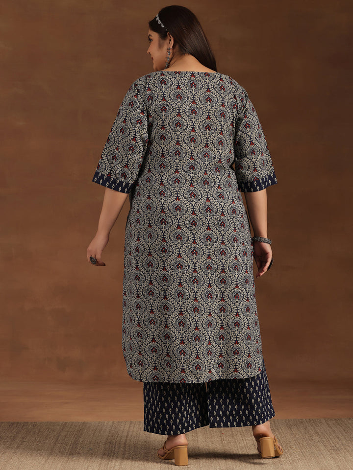 Plus Size Blue Printed Cotton Straight Kurta Set