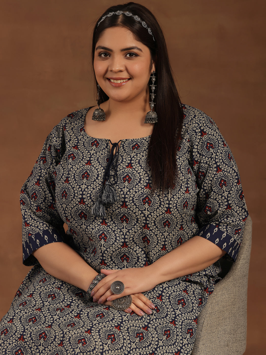 Plus Size Blue Printed Cotton Straight Kurta Set