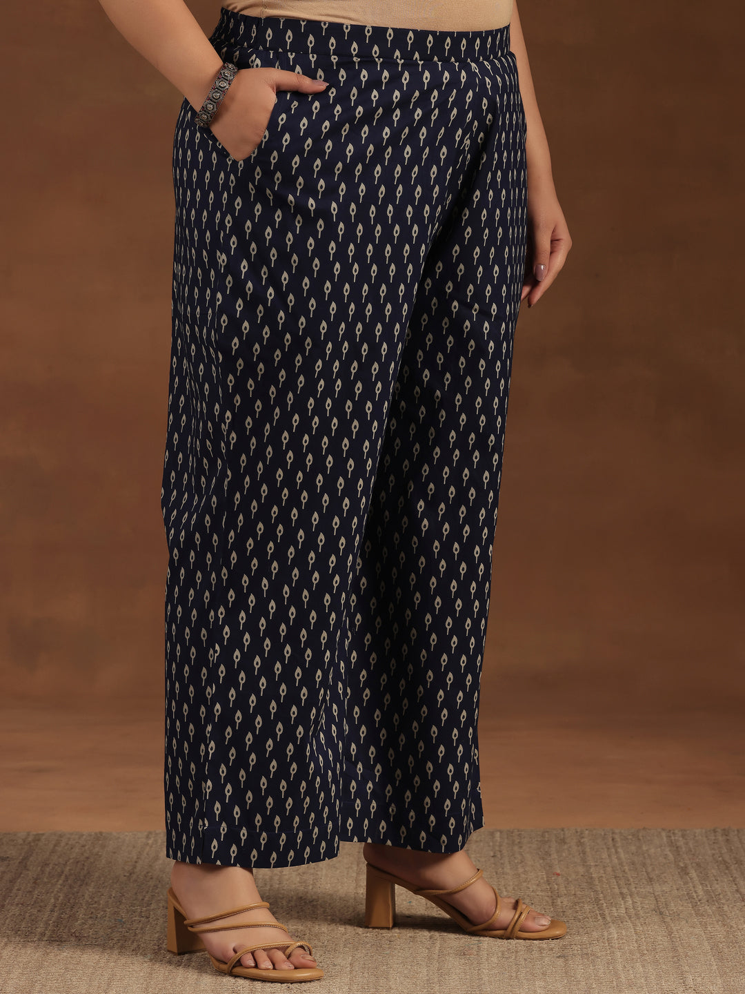 Plus Size Blue Printed Cotton Straight Kurta Set