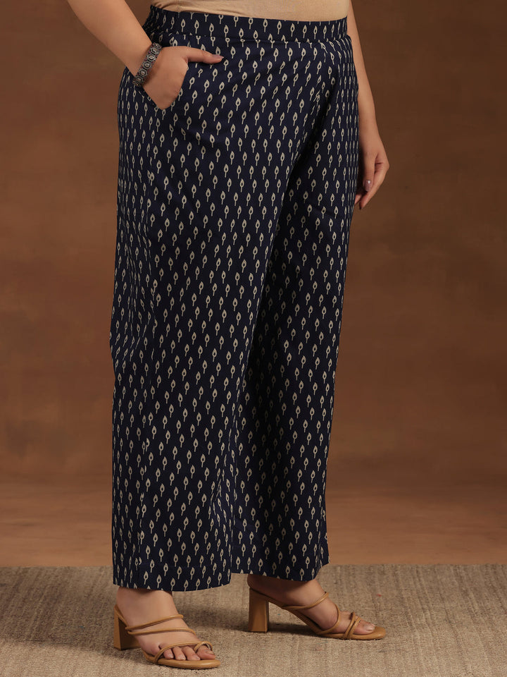 Plus Size Blue Printed Cotton Straight Kurta Set