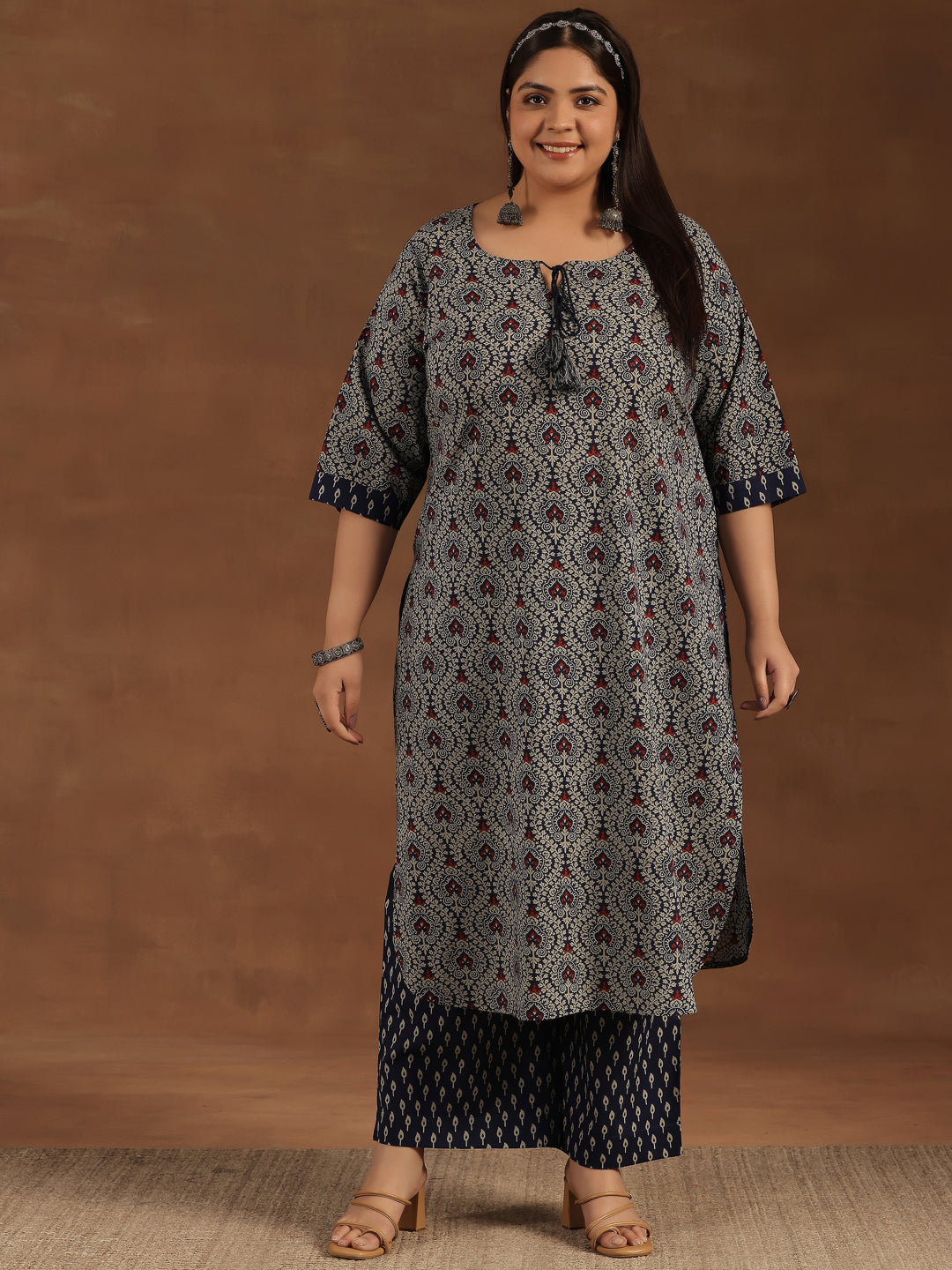 Plus Size Blue Printed Cotton Straight Kurta Set