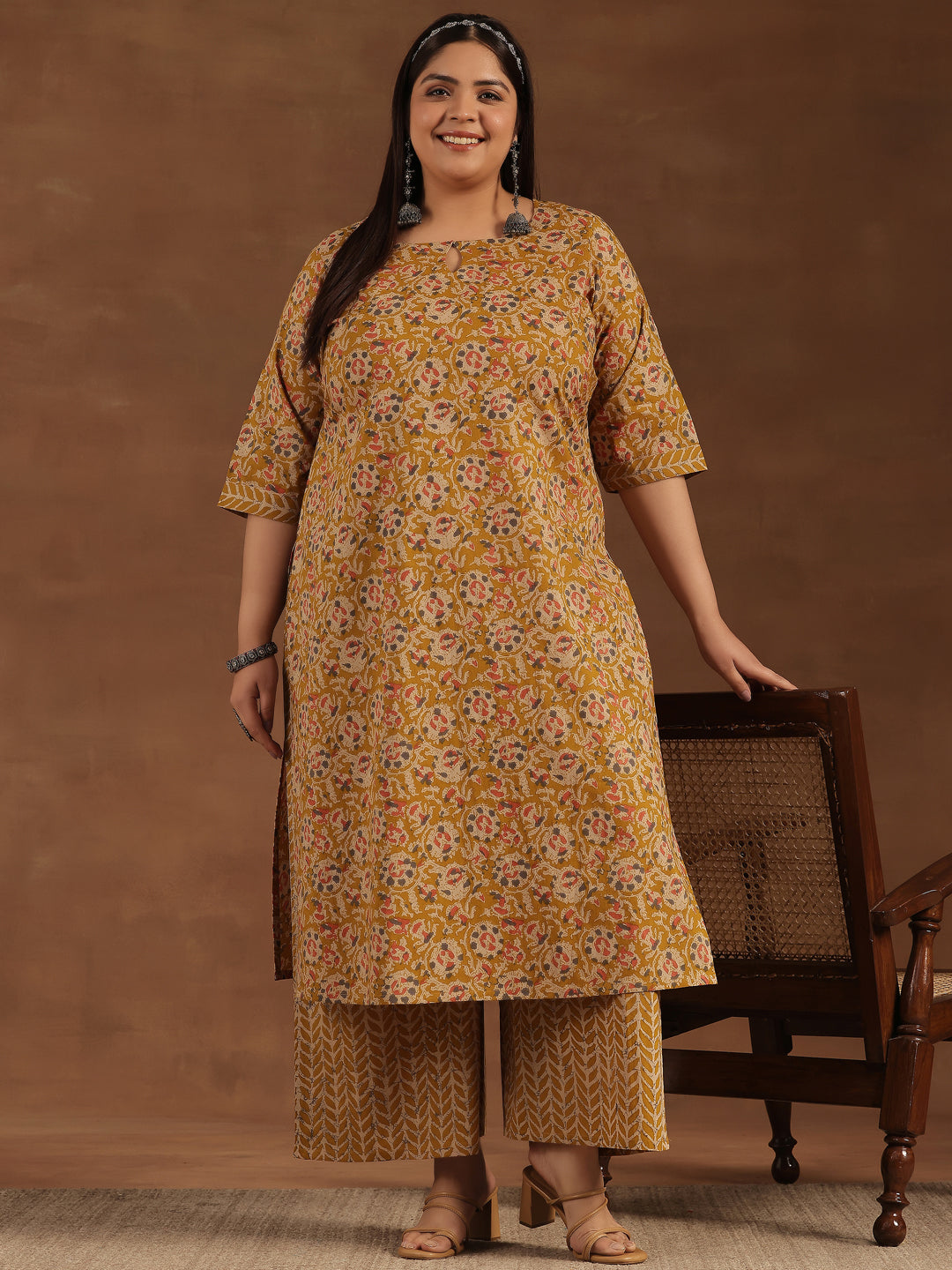 Plus Size Mustard Printed Cotton Straight Kurta Set