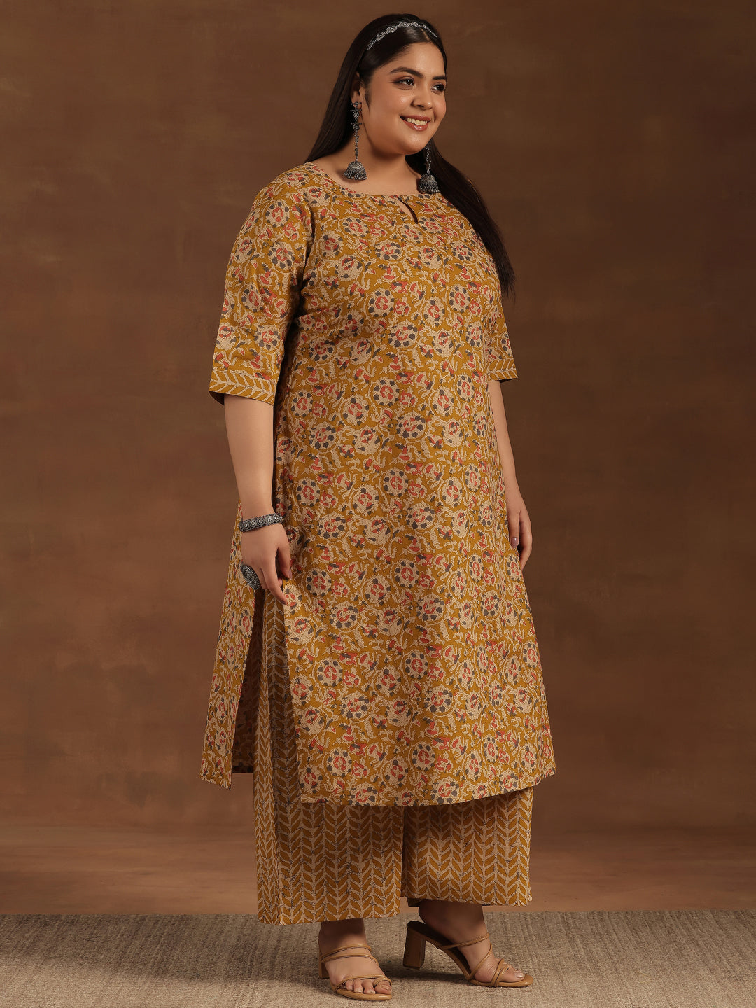 Plus Size Mustard Printed Cotton Straight Kurta Set