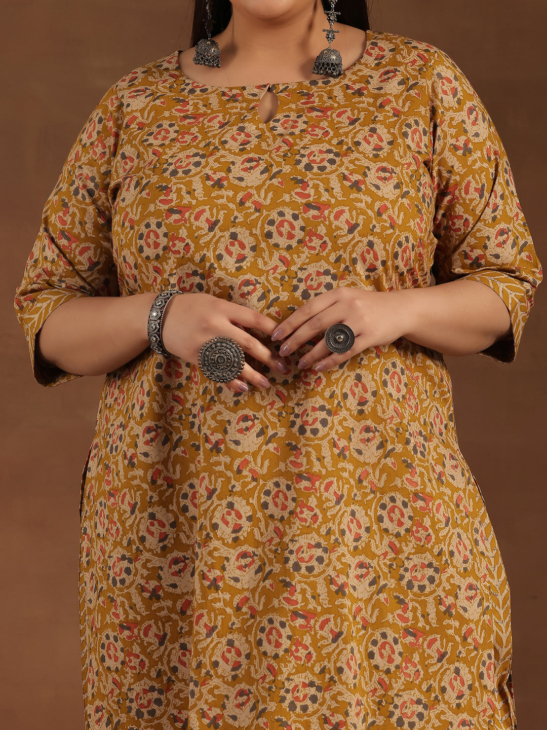 Plus Size Mustard Printed Cotton Straight Kurta Set