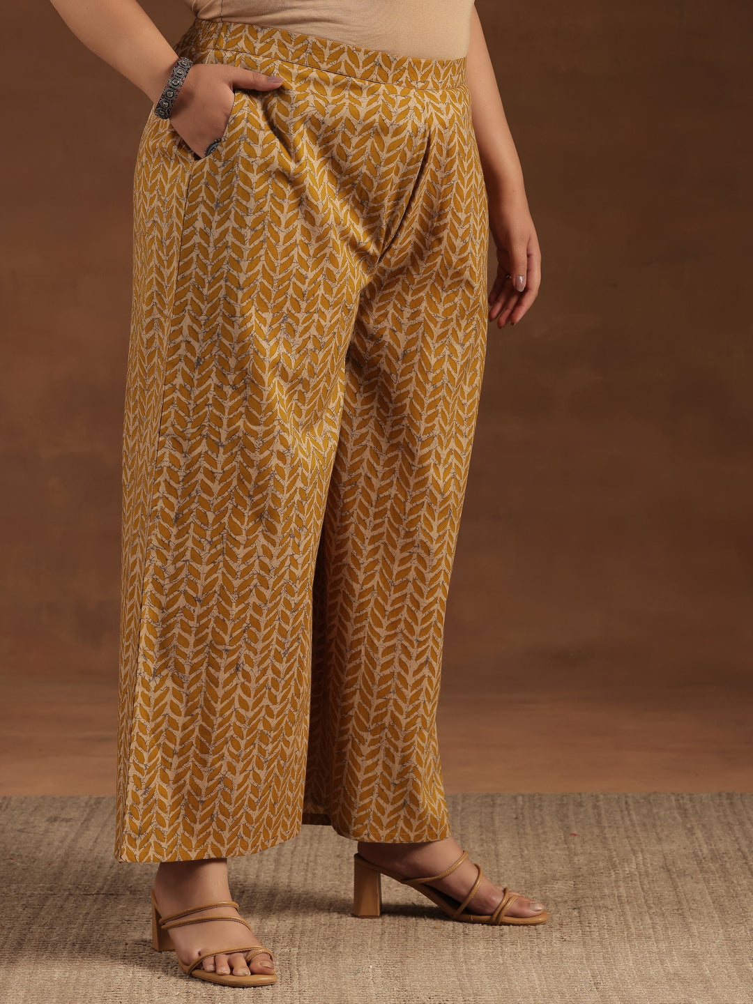 Plus Size Mustard Printed Cotton Straight Kurta Set