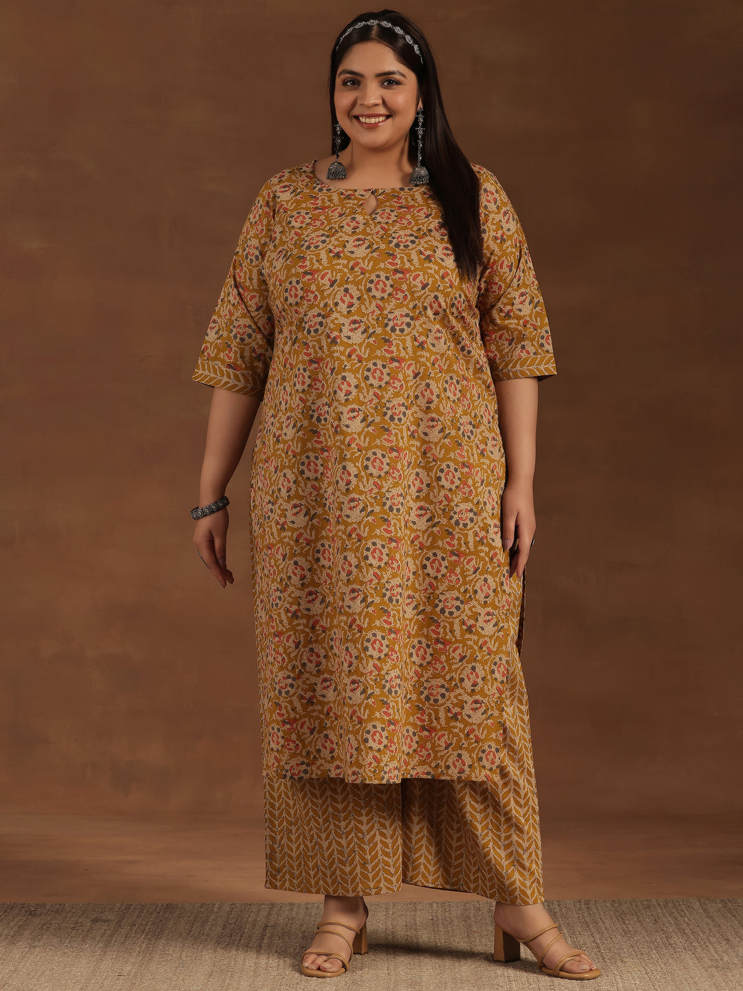 Plus Size Mustard Printed Cotton Straight Kurta Set