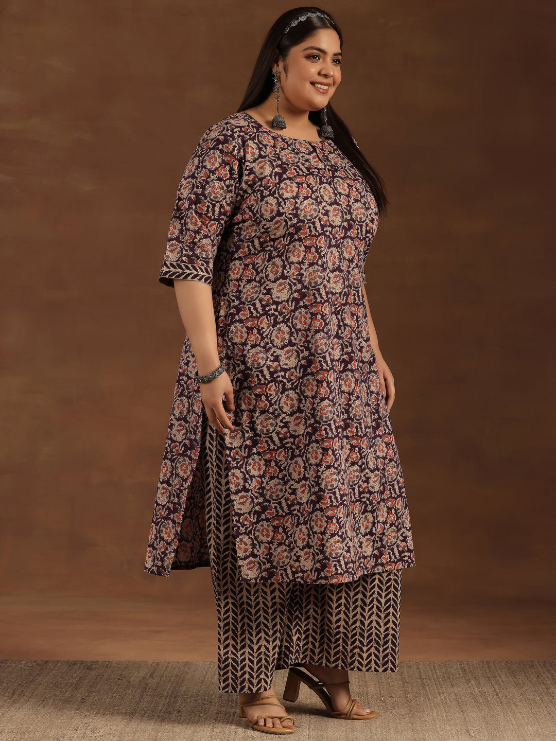 Plus Size Purple Printed Cotton Straight Kurta Set