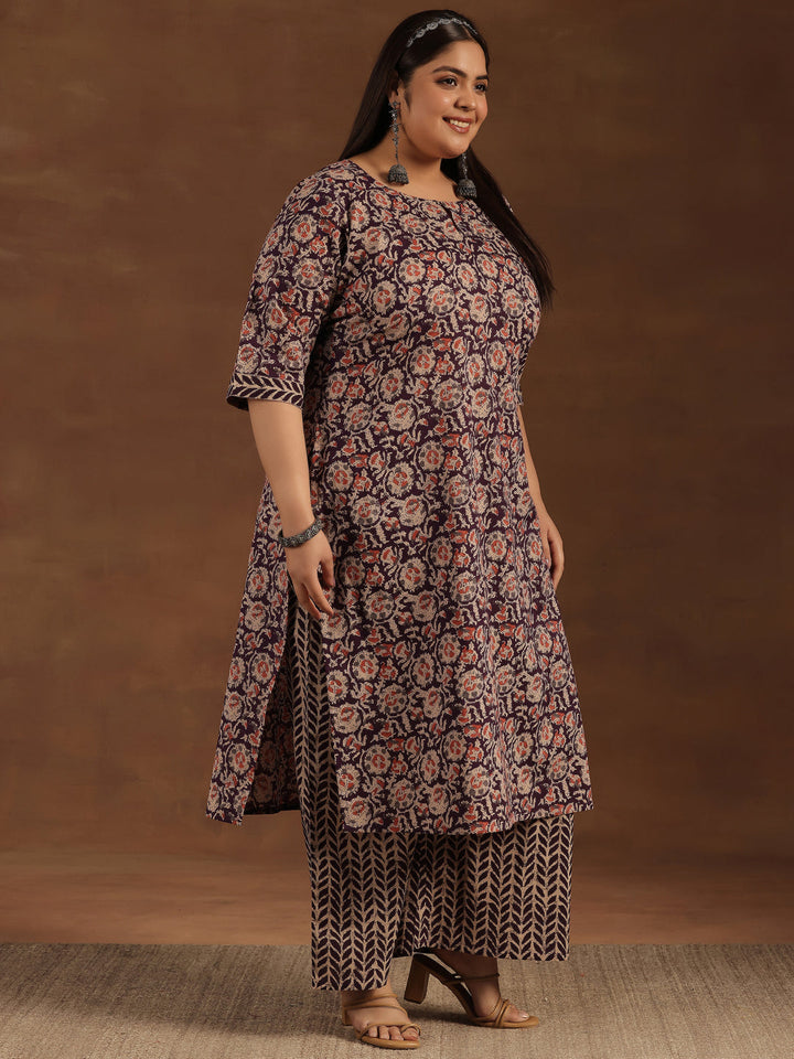 Plus Size Purple Printed Cotton Straight Kurta Set
