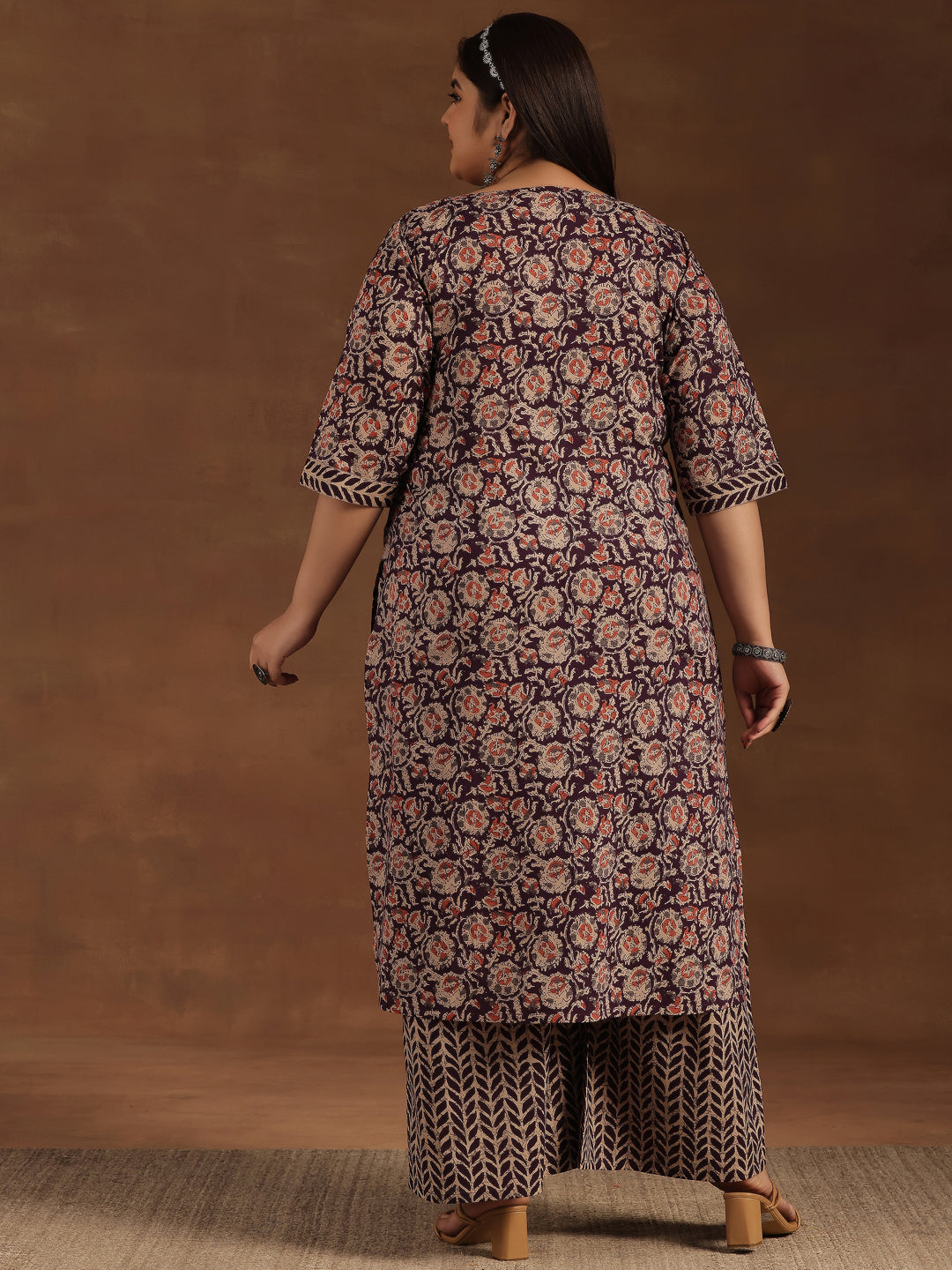 Plus Size Purple Printed Cotton Straight Kurta Set