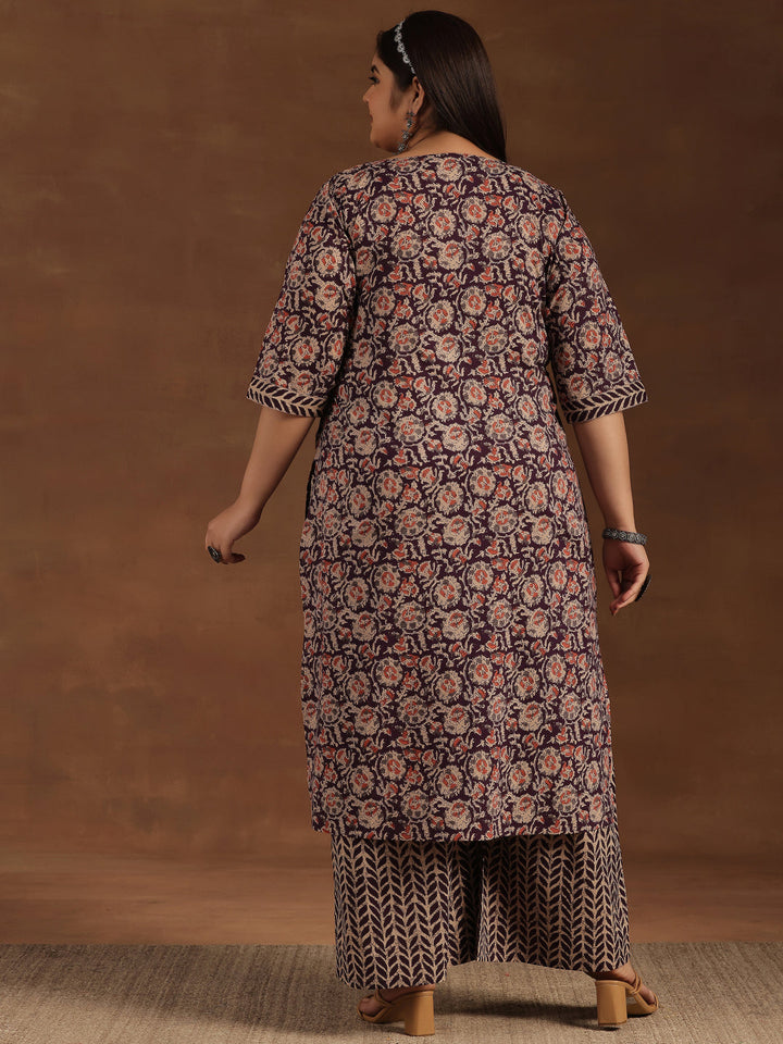 Plus Size Purple Printed Cotton Straight Kurta Set