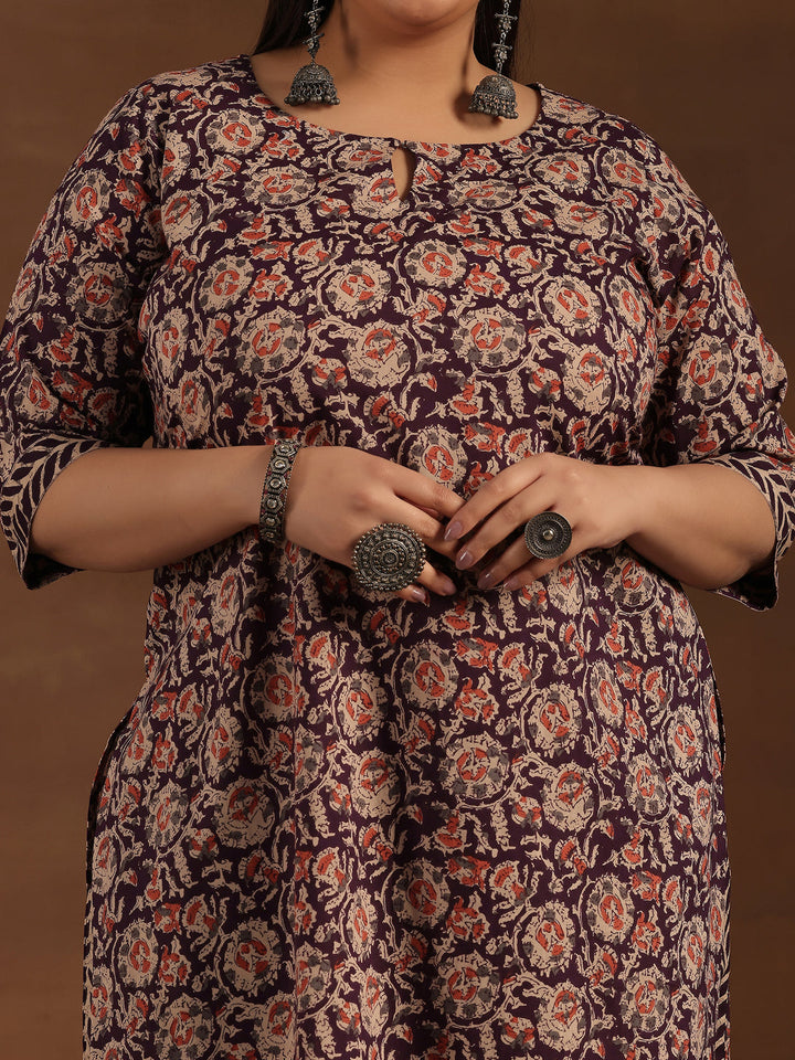 Plus Size Purple Printed Cotton Straight Kurta Set