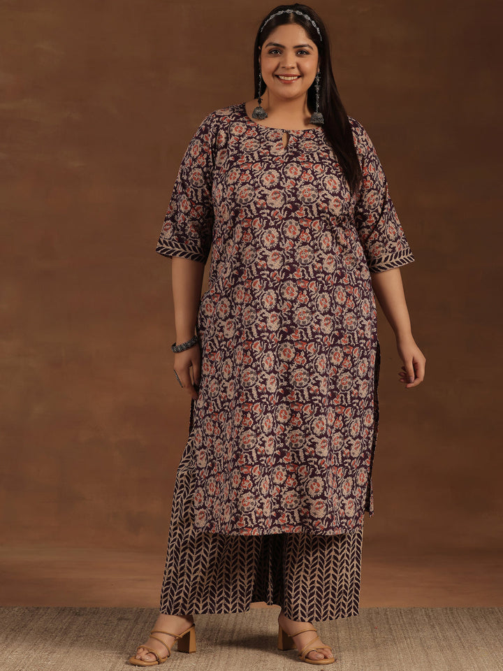 Plus Size Purple Printed Cotton Straight Kurta Set