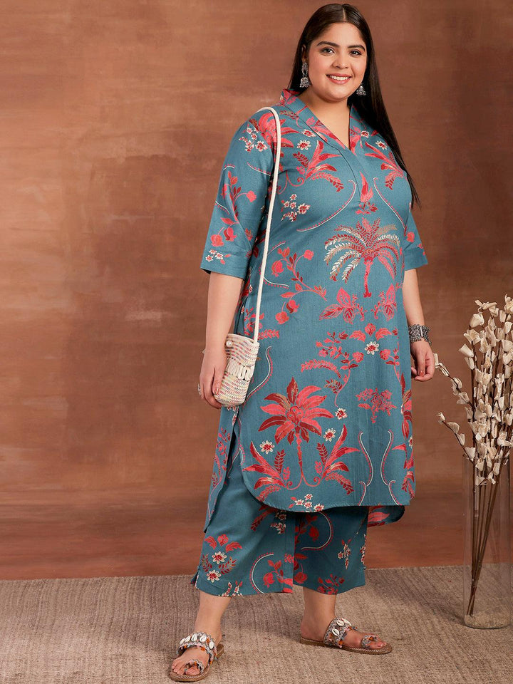 Plus Size Blue Printed Cotton Co-Ords