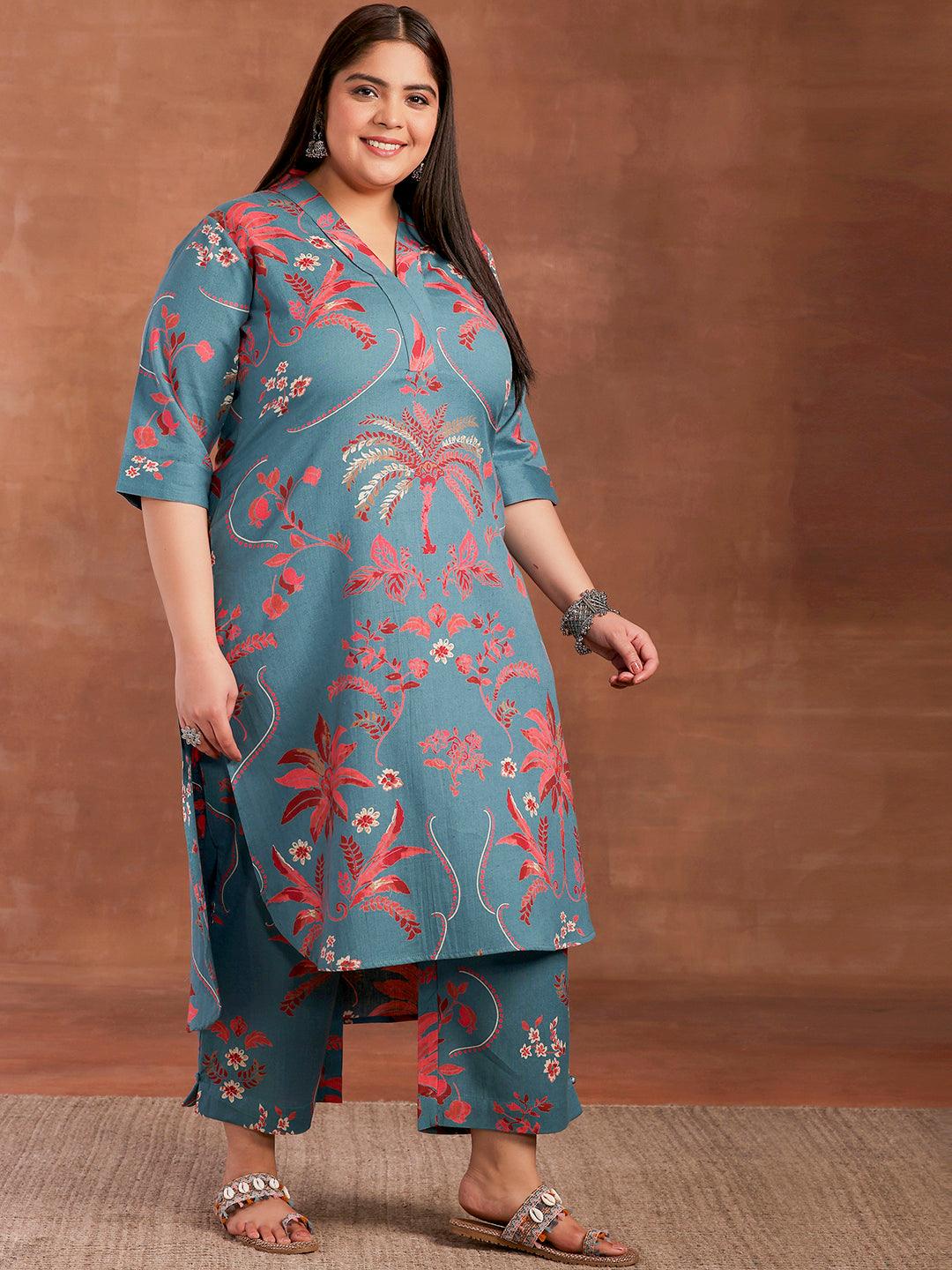 Plus Size Blue Printed Cotton Co-Ords