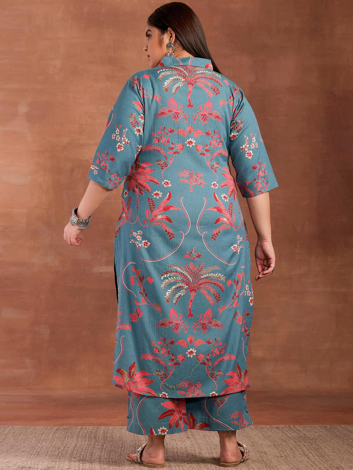 Plus Size Blue Printed Cotton Co-Ords