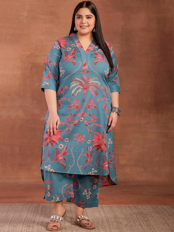 Plus Size Blue Printed Cotton Co-Ords