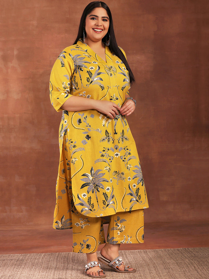 Plus Size Mustard Printed Cotton Co-Ords