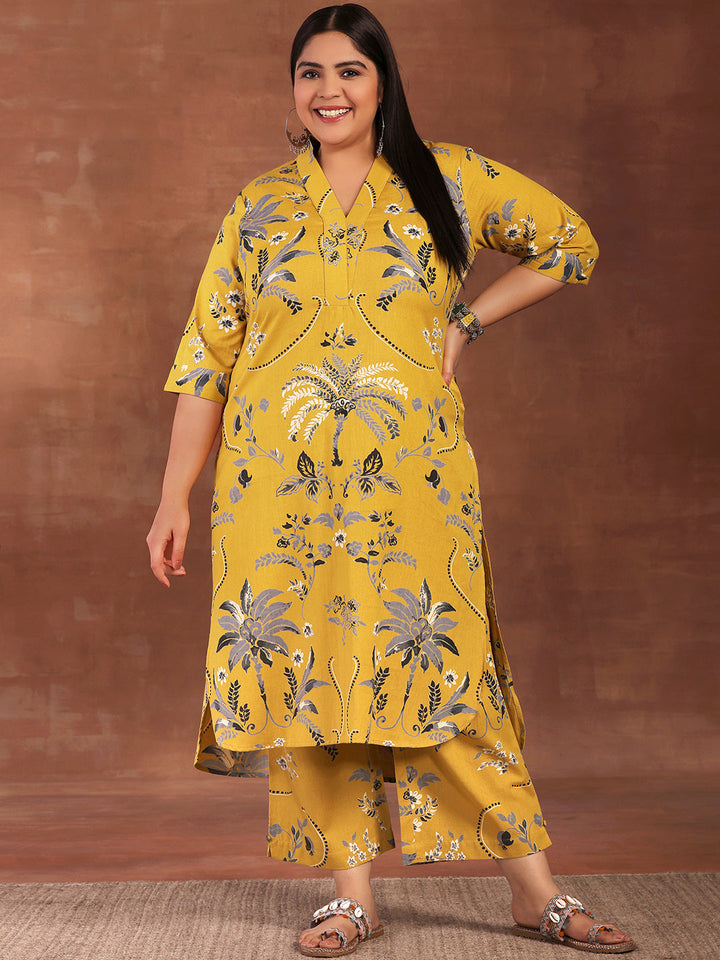 Plus Size Mustard Printed Cotton Co-Ords