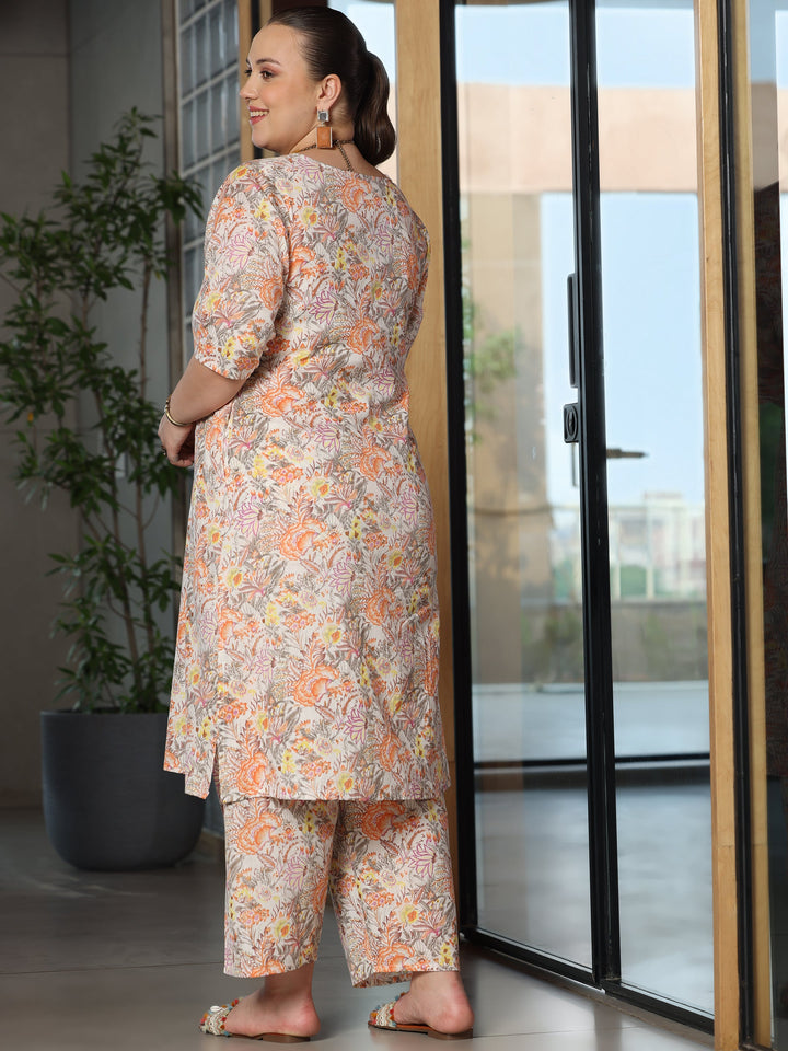 Plus Size Multi Printed Cotton Straight Kurta Set