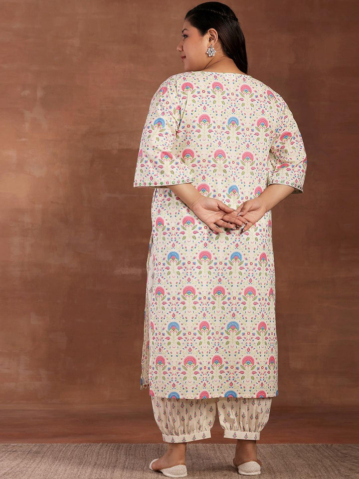 Plus Size Off White Printed Cotton Straight Kurta With Salwar