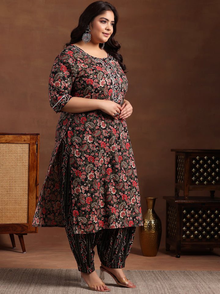 Plus Size Black Printed Cotton Straight Suit With Dupatta
