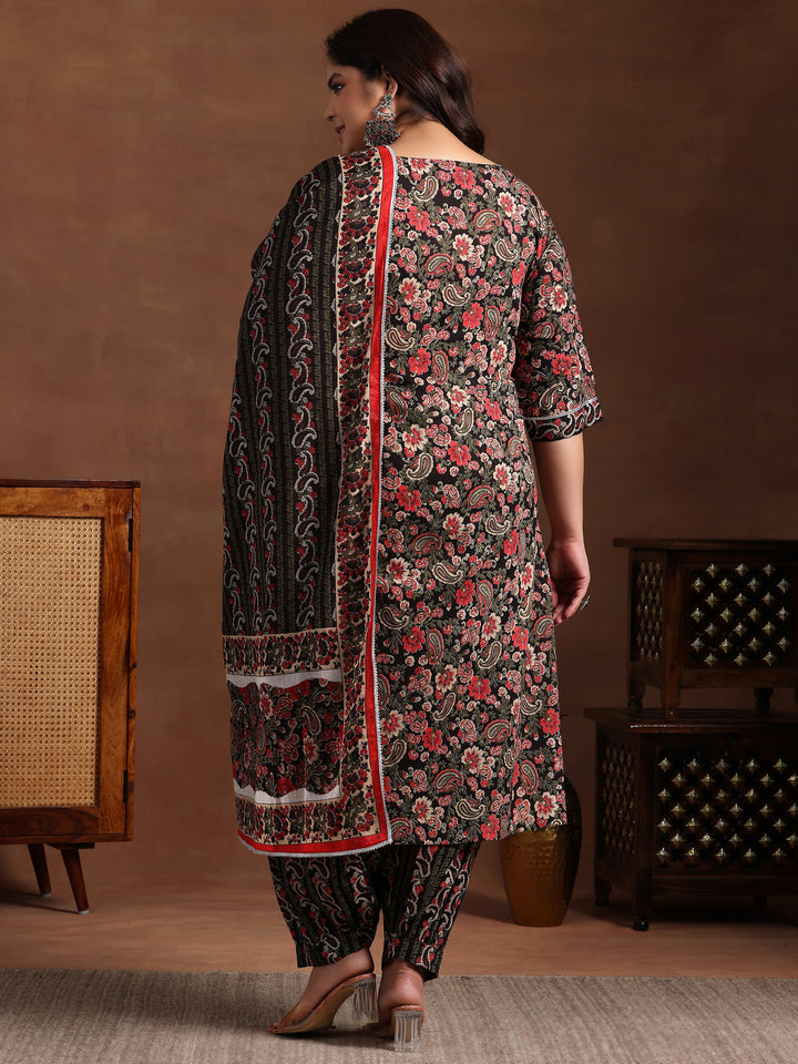 Plus Size Black Printed Cotton Straight Suit With Dupatta