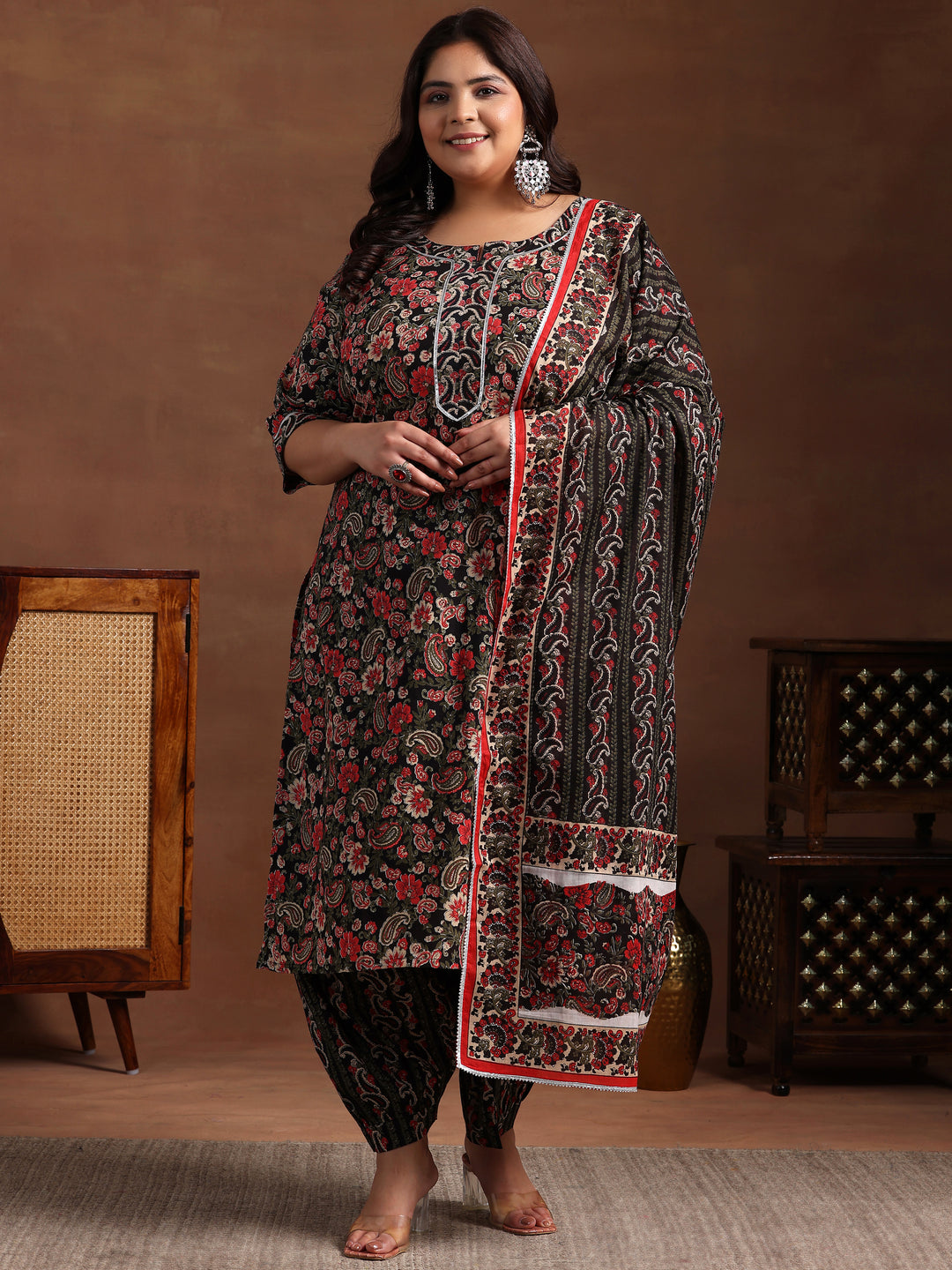 Plus Size Black Printed Cotton Straight Suit With Dupatta