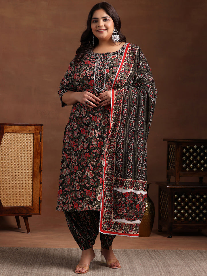 Plus Size Black Printed Cotton Straight Suit With Dupatta