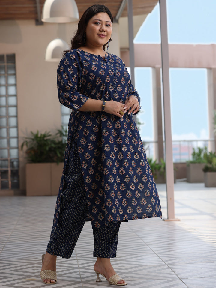 Plus Size Blue Printed Cotton Straight Suit With Dupatta