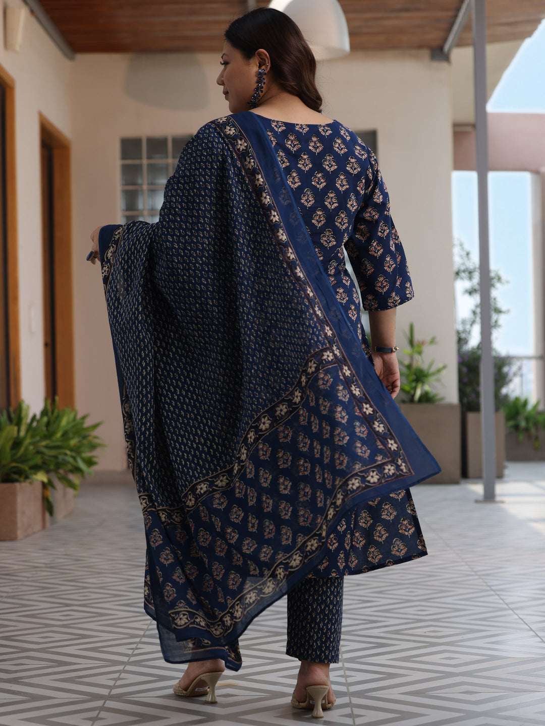 Plus Size Blue Printed Cotton Straight Suit With Dupatta