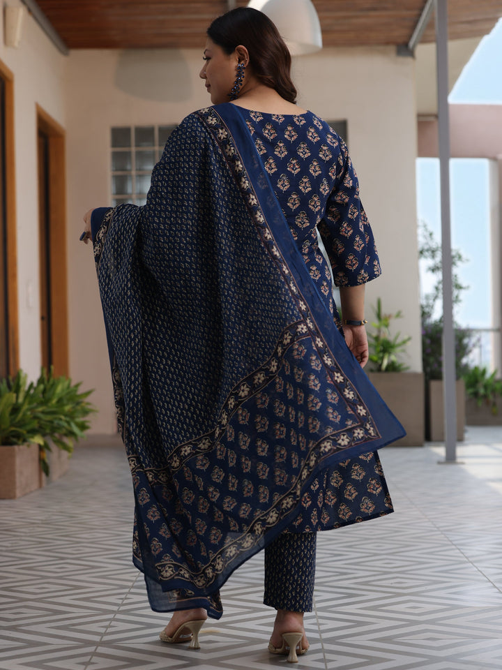 Plus Size Blue Printed Cotton Straight Suit With Dupatta