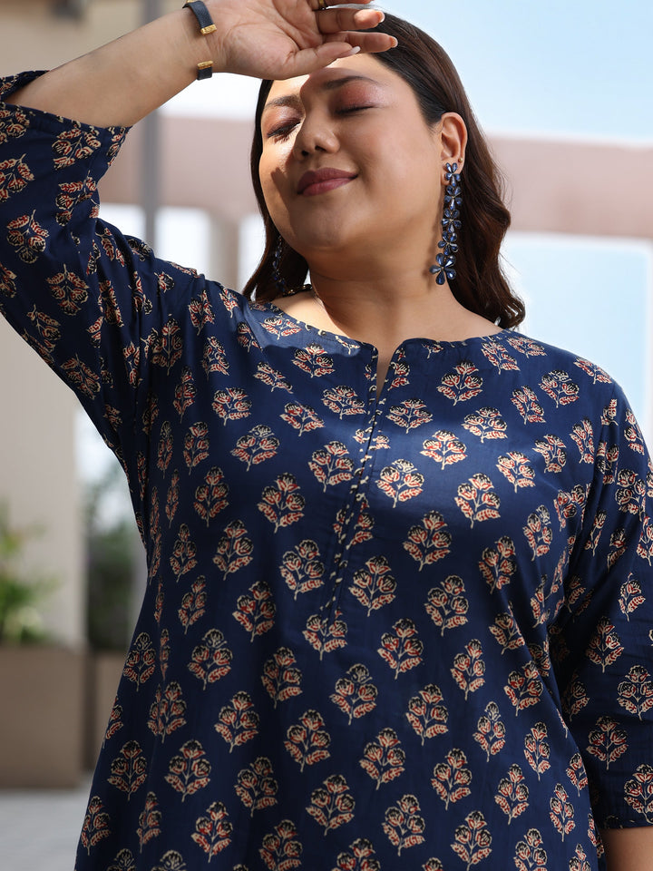 Plus Size Blue Printed Cotton Straight Suit With Dupatta